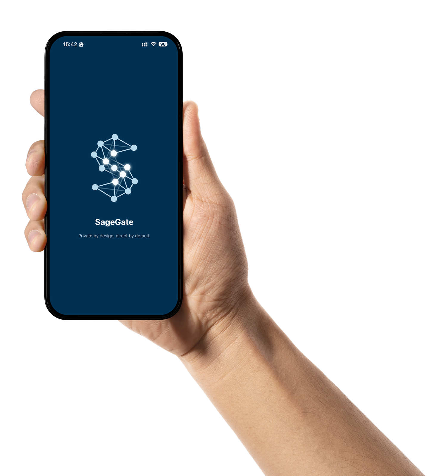 SageGate running on an iPhone held in one hand