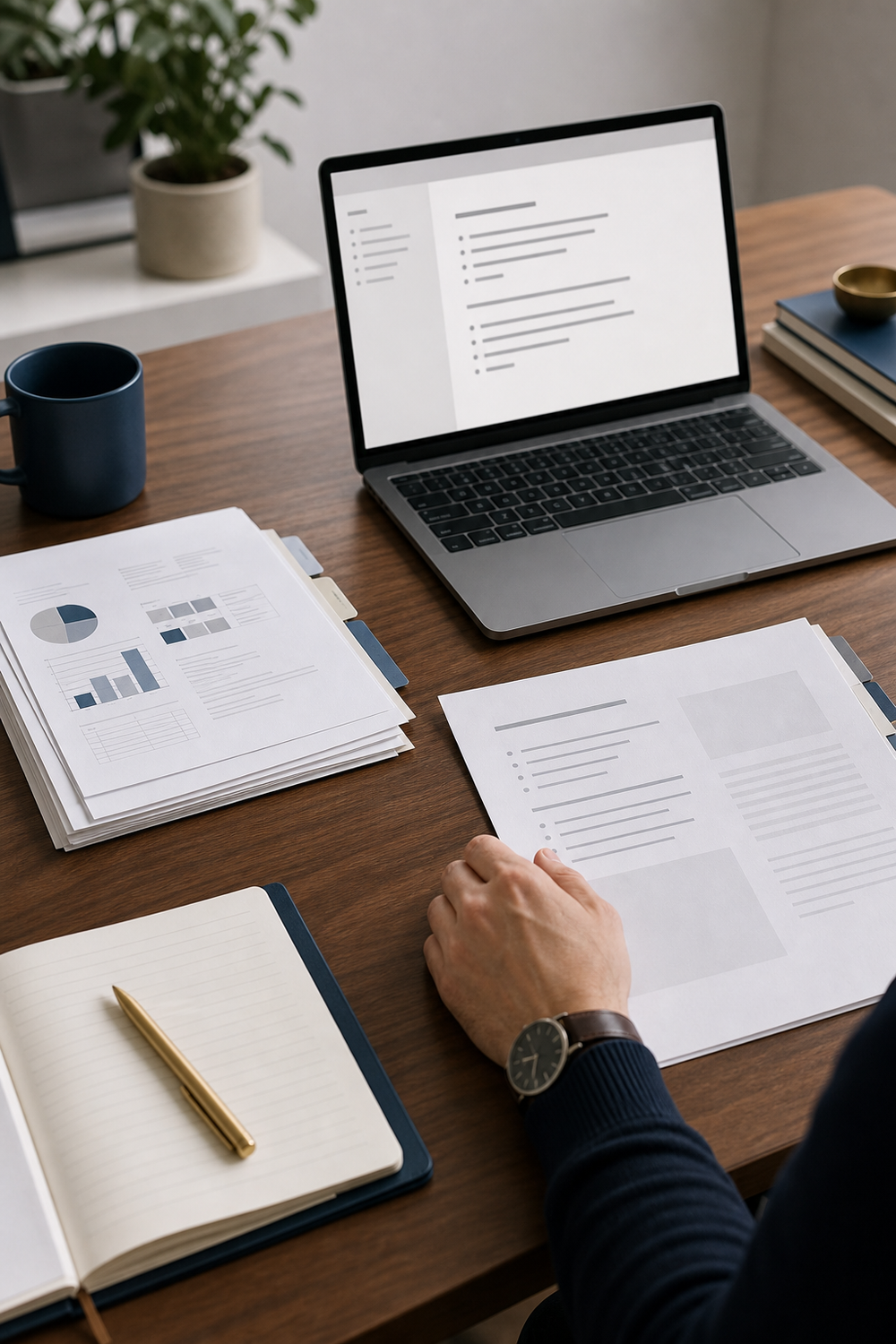 Documents, notes and a laptop arranged for focused work