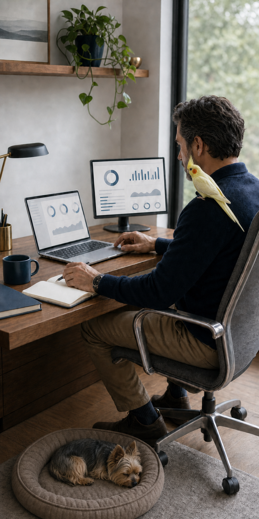 A founder working with a yellow cockatiel on his shoulder and a teacup Yorkshire terrier resting nearby